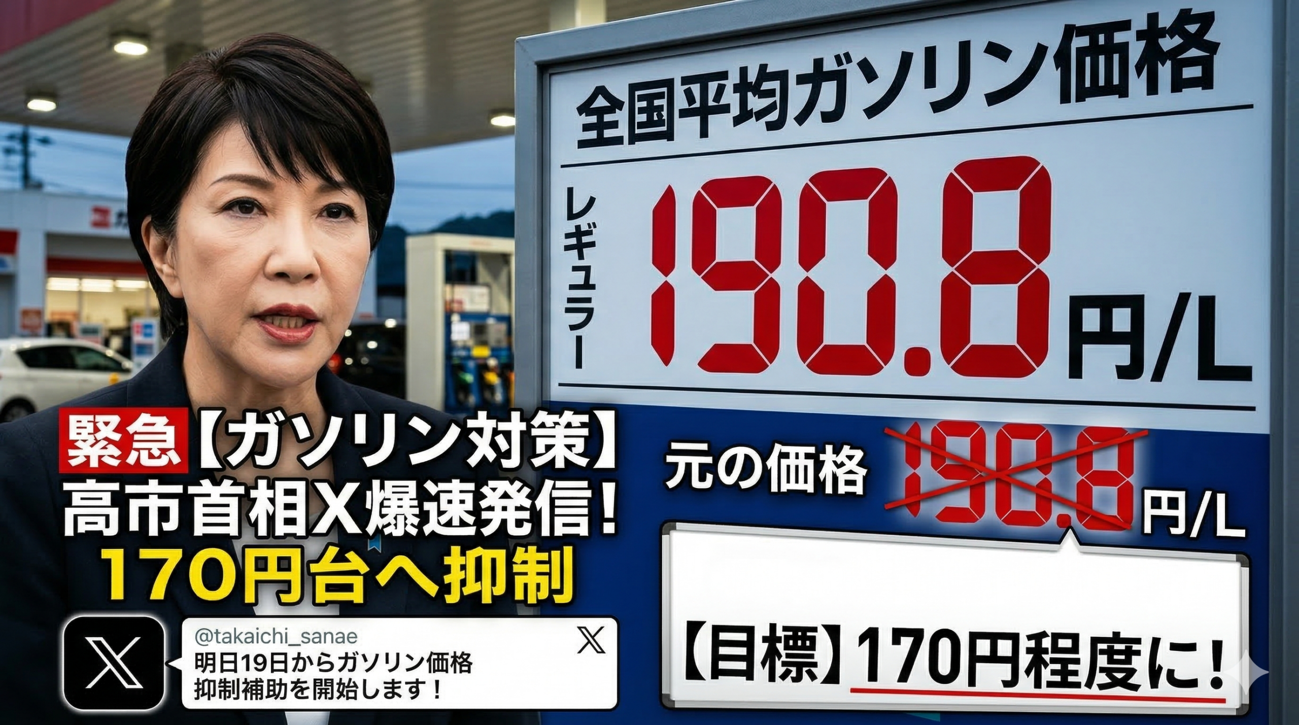 【速報】ガソリン代が明日から170円へ！高市首相のSNS政治が導く「物価高対策」の全貌と具体的な声